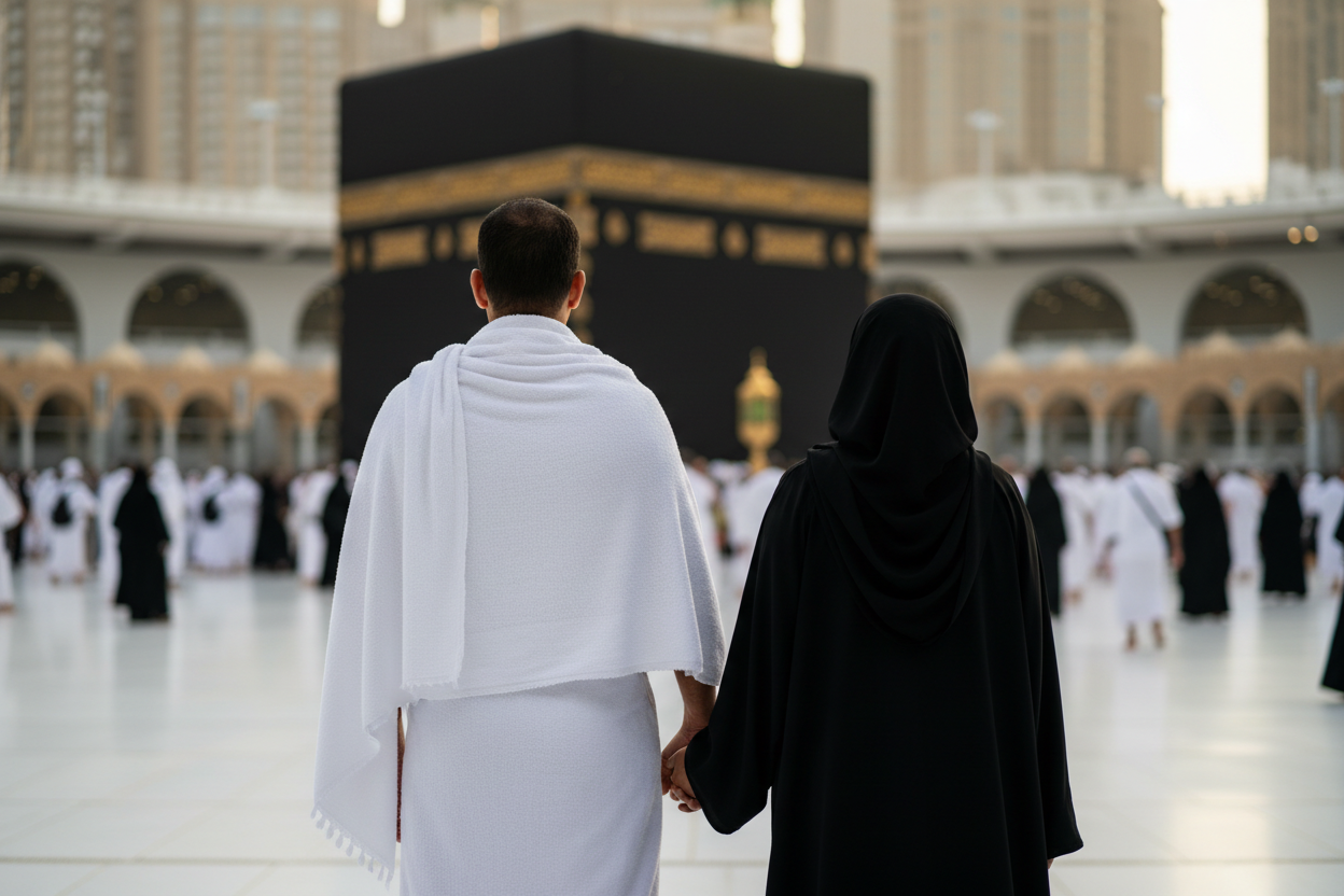 GENRE MOI UNHOMM ET UNE FEMME DE DOS ENTRAI D'ACCOMPLIR EUR OMRA AVEC L'OME AVEC LA TENU D'IHRAM BLANCHE ET LA FEMME EN HIJAB  NOIR ET AVEC LA KAABA EN FOND MET LE COUPLE EN EVIDENCE  